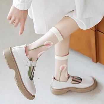 1 пара носков с рисунком тюльпана, летние Дышащие Модные Японские ультратонкие носки средней длины