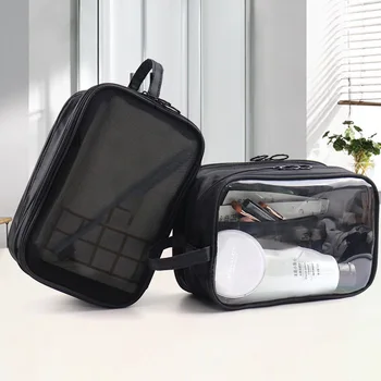 1шт Двухслойная Черная сетчатая сумка для туалетных принадлежностей из ПВХ, сетчатая косметичка большой емкости, сумка-органайзер для макияжа, сумка для путешествий на открытом воздухе
