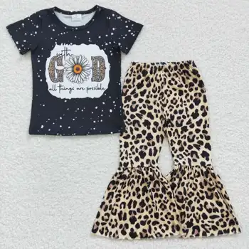 2023 Новое Обновление RTS God, Черная футболка, Расклешенные штаны для девочек, Комплекты Бутиков детской одежды, Леопардовый наряд для малышей