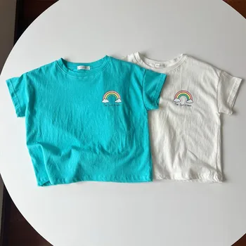 2023 Новые Детские футболки с радужным принтом, Летняя футболка с короткими рукавами для мальчиков и девочек, хлопковая детская Свободная футболка с героями мультфильмов, Детская одежда