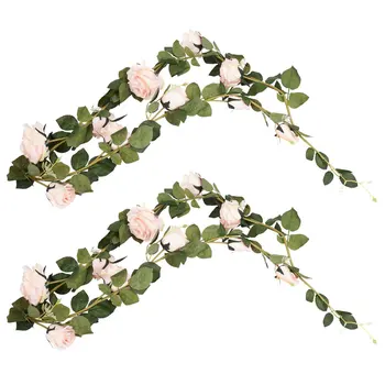 2шт 180 см Искусственная роза Цветок Виноградная лоза Свадебные декоративные Настоящие Шелковые цветы с зелеными листьями (Розовый)