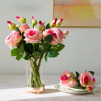 42 см Искусственная роза с двумя головками, Розовая шелковая роза, букет искусственных цветов, поддельные цветы для домашнего свадебного украшения, украшение в помещении