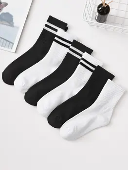 6 пар женских носков в полоску и однотонных черно-белых носках-трубочках, удобных и дышащих