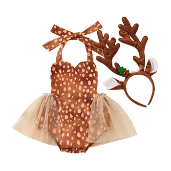Citgeett Летние Рождественские боди для маленьких девочек, повязка на голову, комбинезоны с мультяшным принтом, кружевные оборки, Головные уборы с оленями