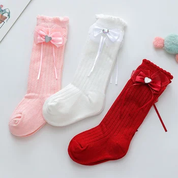 Citgeett Осенние носки в рубчик для маленьких девочек с бантом, Весенние чулки-трубки от 0 до 3 лет