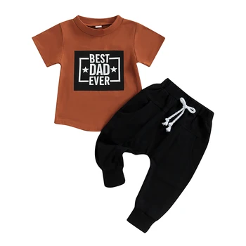 FOCUSNORM, комплект летней одежды из 2 предметов для новорожденных мальчиков, футболки с буквенным принтом, топы с коротким рукавом и однотонные длинные брюки