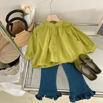Menoea/ Детский комплект; Новый Весенне-осенний комплект с длинными рукавами; Зеленый топ с оборками + джинсы с оборками; Модный комплект из двух предметов Для девочек