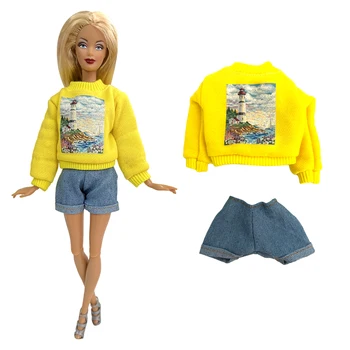 NK Новейший 1 комплект повседневной одежды принцессы желтого цвета с длинным рукавом и рисунком Джинсовые шорты Модное платье для Барби Аксессуары Подарок для куклы