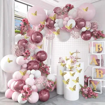 Венок из розовых воздушных шаров Macaron, Арочный металлический шар в стиле ретро, наклейка-бабочка, вечеринка, Детский душ, Золотое Свадебное украшение