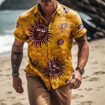 Винтажная гавайская рубашка 2023 года для мужчин с 3D принтом солнца, пляжный отдых, летняя футболка большого размера с коротким рукавом, рубашка