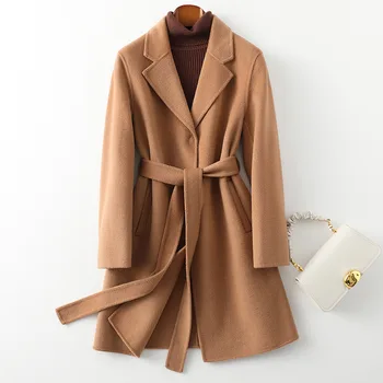 Двустороннее кашемировое пальто, женское средней длины, Осень/Зима 2023, Новое приталенное модное шерстяное пальто высокого класса, маленькое