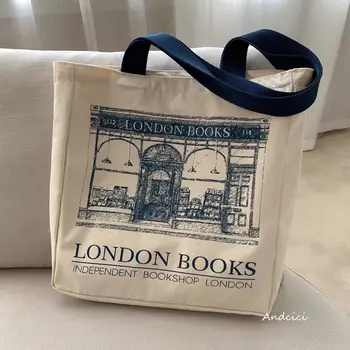 Женская холщовая сумка через плечо с принтом London Books, женская повседневная сумка-тоут, многоразовая хлопчатобумажная Пляжная сумка для покупок большой емкости
