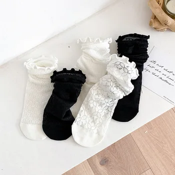 Женские черные кружевные чулки, полые прозрачные кружевные чулки, хлопковые японские носки, однотонные носки принцессы