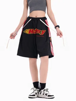Женские черные шорты Flame Basketball Sport больших размеров, сетчатая дышащая одежда для бега на шнурках для женщин, летняя уличная одежда