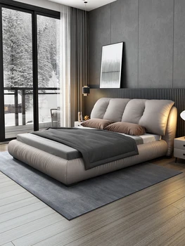 Итальянская чрезвычайно простая кровать легкая роскошная современная простая скандинавская кровать с мягкой сумкой в изголовье кожаная кровать двуспальная кровать размера 