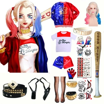 Карнавальные костюмы Харли Харлин Квинзел для девочек, косплей, Куртка Quinn Monster, Брюки, Комплекты футболок, одежда для вечеринок