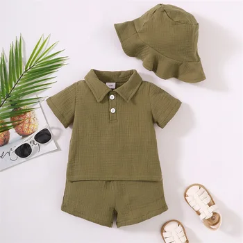 Комплекты Одежды для новорожденных мальчиков, Летняя футболка с воротником-стойкой с коротким рукавом, Шорты с эластичной резинкой на талии и шляпа, детская одежда