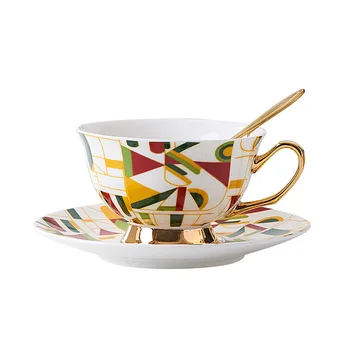 Креативный набор керамических кофейных чашек и блюдец с геометрическим рисунком, английское золото, Платиновые чашки для послеобеденного чая и блюдца, набор кофейных чашек
