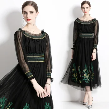 Летнее женское черное кружевное сетчатое платье с вышивкой, элегантное платье с 3D цветами, винтажное женское роскошное платье с вырезом лодочкой