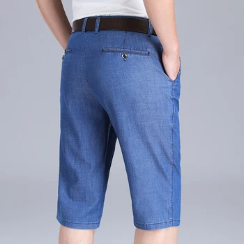 Летние мужские тонкие джинсовые шорты Деловые Повседневные стрейчевые прямые короткие джинсы Классические шорты Плюс размер 40 42