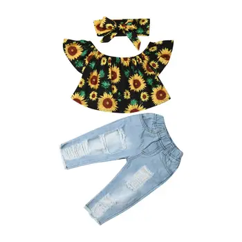 Летняя одежда для маленьких девочек, комплекты из 3 предметов, топы с подсолнухом + Рваные джинсовые брюки, повязка на голову, наряды от 6 до 4 лет