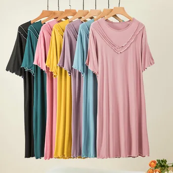 Модальная летняя ночная рубашка для женщин, верхняя одежда, длинное платье с V-образным вырезом, с клапаном по краю, повседневная домашняя одежда, Тонкие ночные рубашки для сна, женские