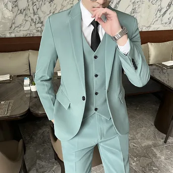Модный мужской костюм из 3 предметов, однотонная деловая Корейская версия, приталенный комплект для свадебного банкета, куртка, жилет со штанами