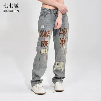 Мужские рваные джинсы, Винтажные Свободные прямые широкие джинсовые брюки с принтом, Уличные потертые повседневные джинсы, пара уличной одежды, новинка