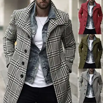 Мужское пальто, Зимняя куртка, Мужское пальто, Теплая одежда, Шерстяная Верхняя одежда, Длинный Кардиган в черно-белую клетку, Мужские пальто, Большие размеры S-3XL
