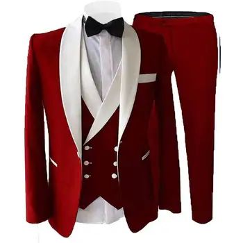 Мужской костюм из 3 предметов, приталенный, с белым отворотом, С подходящими для деловых свадеб и банкетных комплектов курткой, жилетом и брюками
