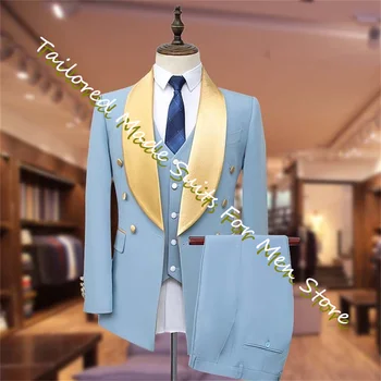 Небесно-голубые жакеты, комплекты, Золотой атласный мужской костюм с лацканами, высококачественный модный костюм 2023, Итальянские роскошные свадебные платья, Официальная одежда