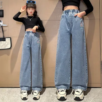 Новые джинсы для девочек, весенне-осенняя мода, лидер продаж в Корейском стиле, детские широкие брюки, однотонные Детские джинсовые брюки