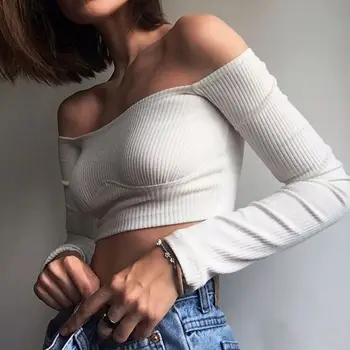 Новый легкий сексуальный укороченный топ в рубчик на одно плечо в зрелом стиле для женщин, универсальная тонкая футболка babes с длинными рукавами
