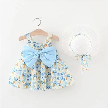 Одежда для маленьких девочек, Летние Прохладные пляжные платья для новорожденных, модная одежда без рукавов с цветочным бантом, шляпа для отправки