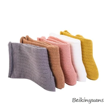 Осенне-зимние детские новые прямые носки с широким ворсом, однотонные мужские и женские детские носки в вертикальную полоску