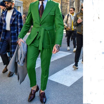 Осенняя мода 2021 года, джентльмены, зеленые Мужчины, Свадебное платье жениха, Сшитый на заказ Мужской приталенный костюм, куртка с поясом, Брюки, Смокинг, мужская одежда