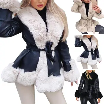 Офисные карманы на ремне с открытой строчкой, куртка с длинным рукавом, пальто, женская осенне-зимняя верхняя одежда из искусственной кожи с плюшевой отделкой, пальто Женское