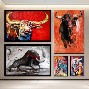 Плакат с быком, современное абстрактное искусство животных, граффити с головой быка, настенные панно, печать на холсте, домашний декор для гостиной, Живопись, подарки, Куадрос