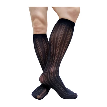Полосатые прозрачные мужские прозрачные тонкие носки, вечерний костюм, мужские деловые носки, Длинный черный модный мужской чулок