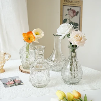 Прозрачная стеклянная ваза с тиснением в стиле ретро, скандинавское украшение, украшение рабочего стола, ваза для цветочных композиций из сухоцветов