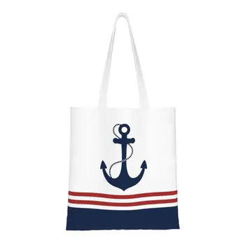 Симпатичный принт Морской Темно-синий Якорь с полосками, сумки для покупок, Портативная Холщовая сумка для покупок, Парусная сумка для моряка