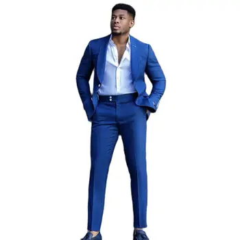 Синие однобортные мужские костюмы, куртка Slim Fit, 2 предмета/Однотонный комплект, сшитый на заказ Свадебным женихом, Официальный Деловой Модный комплект Homme