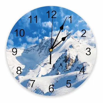 Снежный горный пейзаж, декоративные круглые настенные часы, дизайн с арабскими цифрами, не тикающие настенные часы большого размера для спальни, ванной комнаты
