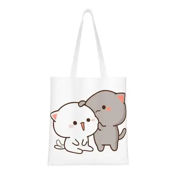 Сумка для покупок Peach Goma Mochi Cat Love Kiss, женская холщовая сумка-тоут, прочные сумки для покупок в продуктовых магазинах.