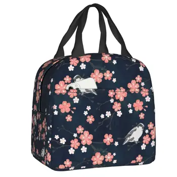 Темно-синие и розовые сумки для ланча с цветочным рисунком черемухи для женщин, цветы Сакуры, термоохладитель, ланч-бокс для еды, школьный ланч-бокс