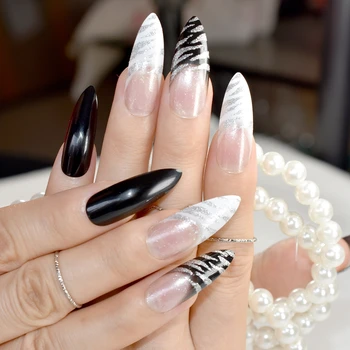 Удлиненные заостренные Предварительно разработанные ногти, черные, белые, изогнутые в виде зебры, Прижимаются к ногтям, длинные французские ногти, включая наклейку с клеем