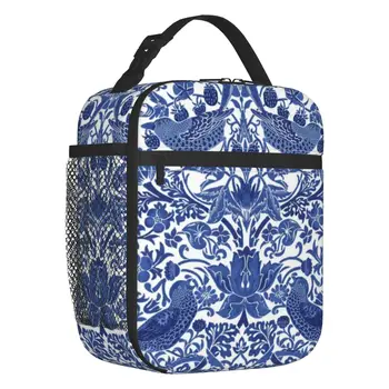 Фарфоровая Голубая сумка с рисунком восточной птицы, изолированная для ланча, женская сумка-тоут, китайский термохолодильник, ланч-бокс для еды, путешествия на открытом воздухе