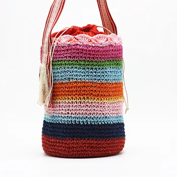 Цветная соломенная сумка в полоску, сумки-ведра из бумажной веревки, женские сумки, богемная тканая сумка через плечо, широкий ремень, клатч для покупок, новинка