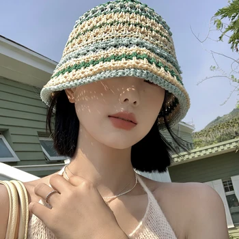 Цветные тканые шляпы-ведра для женщин, летние Японские солнцезащитные очки, маленькие Универсальные солнцезащитные козырьки для отдыха, Пляжные солнцезащитные кепки