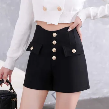 Черные шорты Женские весенне-летние, с высокой талией, в корейском стиле, однобортные, модные, повседневные, темпераментные шорты